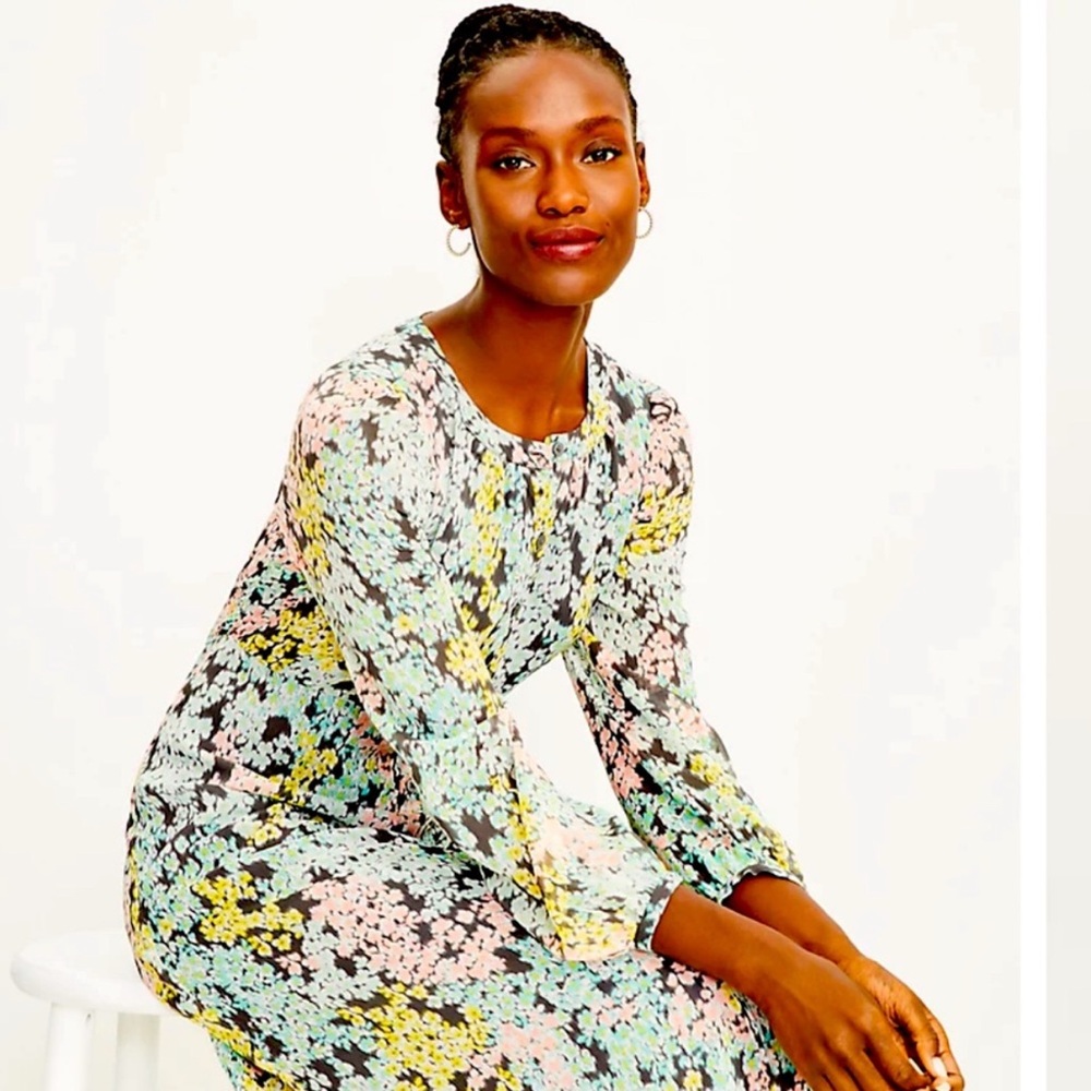 LOFT Spring Floral Button Front Dress in Pastels & Grey 00P